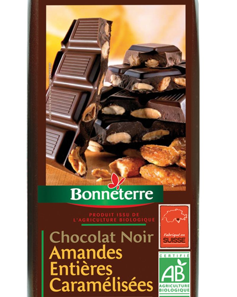 Tablette de chocolat noir amandes entières caramélisées - Bonneterre